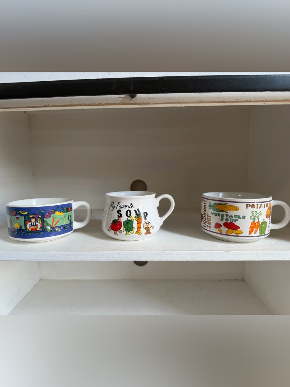 3 vintage ceramic soup mugs, 1970's,  featuring a vegetable, soup & pasta themes